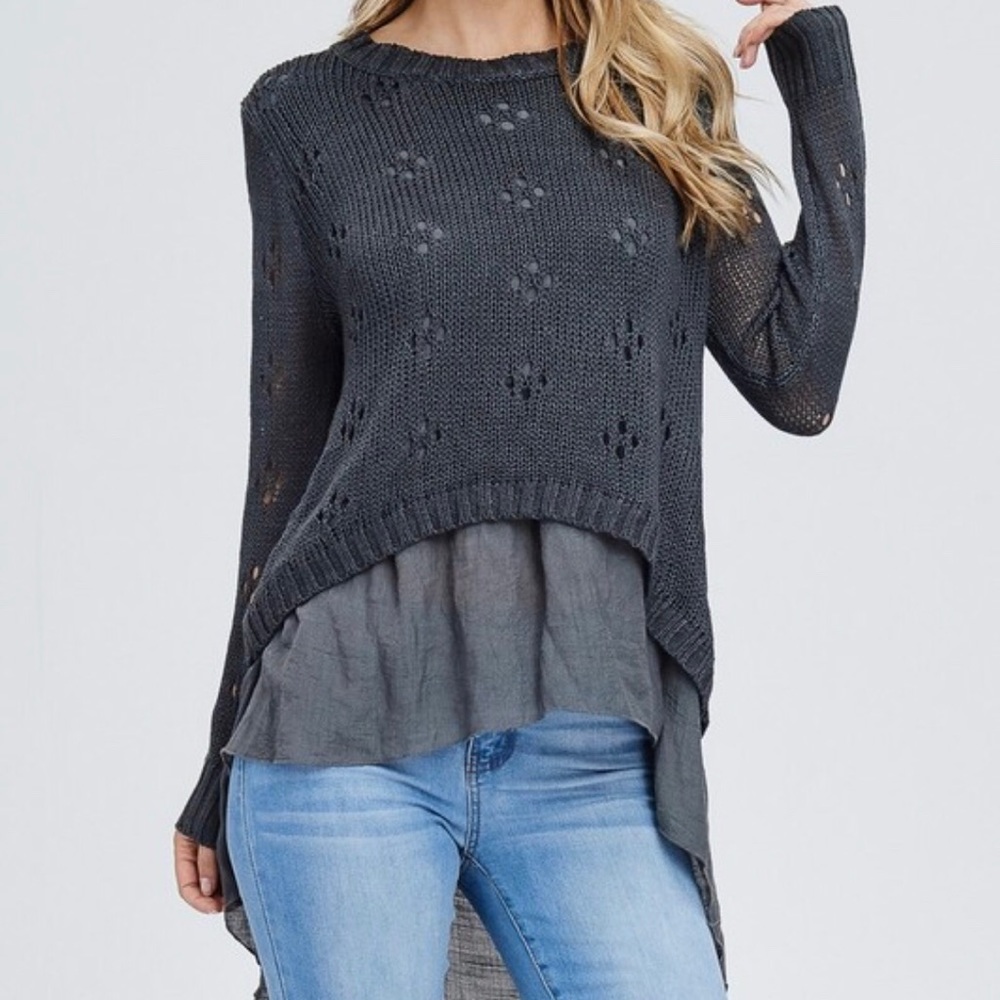 Charcoal Hi/Lo Boho Back Laced Sweater with Tunic - Picture 6 of 8